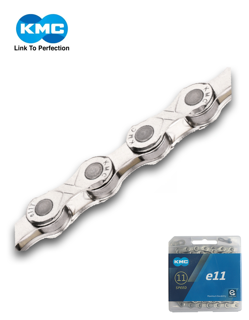 KMC e11 Turbo 11-speed silver e-bike chain with 136 links for Bosch compatible electric bicycles.